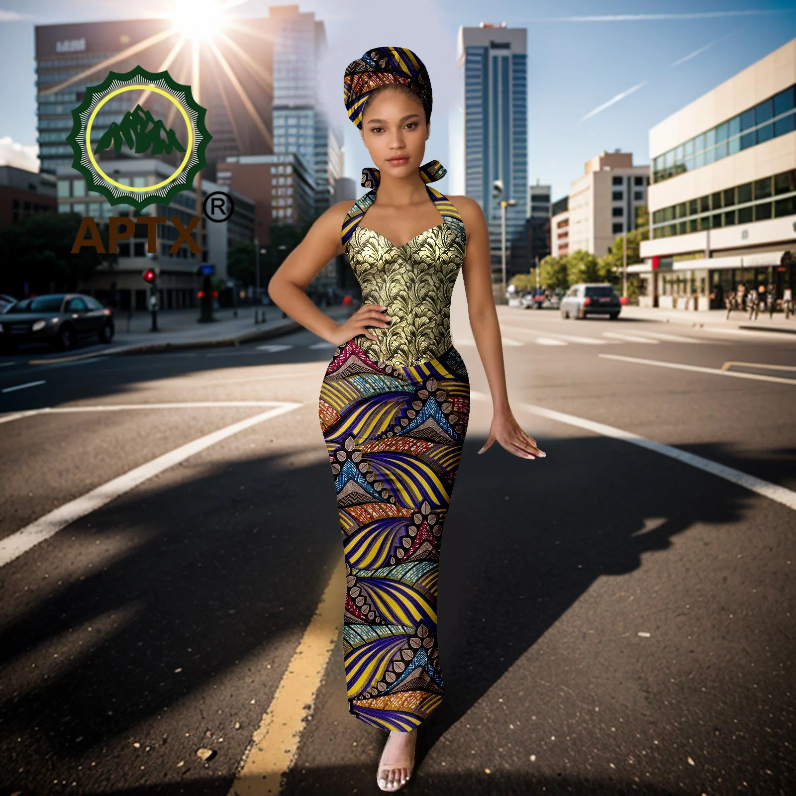 African Dress for Women Ankara Print Sleeveless Halter Elegant Bodycon Long Dresses with Headscarf Dashiki Party Wedding Attire