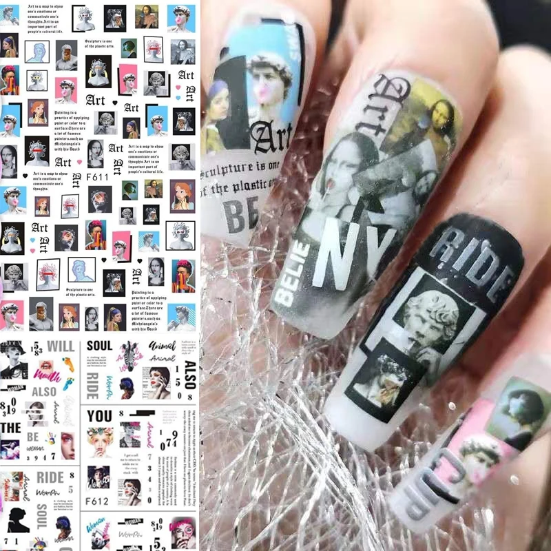 1pc Vintage Magazine Nail Sticker Abstract Man Image 3D Adhesive Decals  Flower Nail Slider Tips