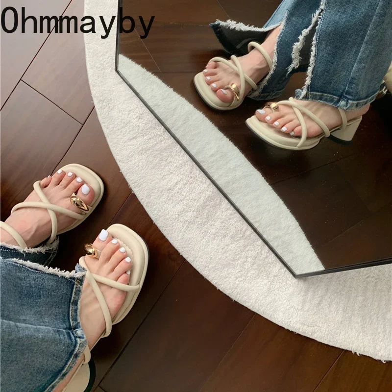 2024 Summer Gladiator Women Slippers Fashion Elegant Narrow Band Slides Shoes Ladies Outdoor Clip Toe High Heel Sandalias