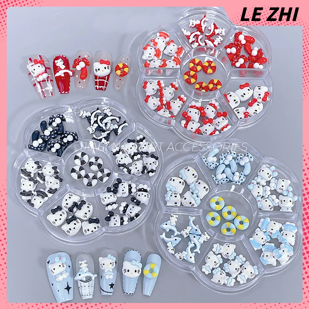 

35Pcs Summer Ocean Beach Blue Hello Kitty Nails Art Charms Resin Christmas Red Hawaii Black Kt Dolphin Bow Resin Accessories