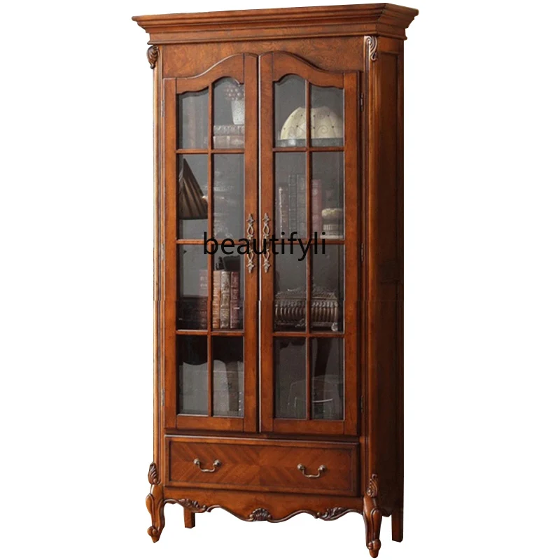 

American-Style Solid Wood Glass Door Floor Double-Door Bookcase European-Style Small Apartment Home Showcase Bookshelf 1 M