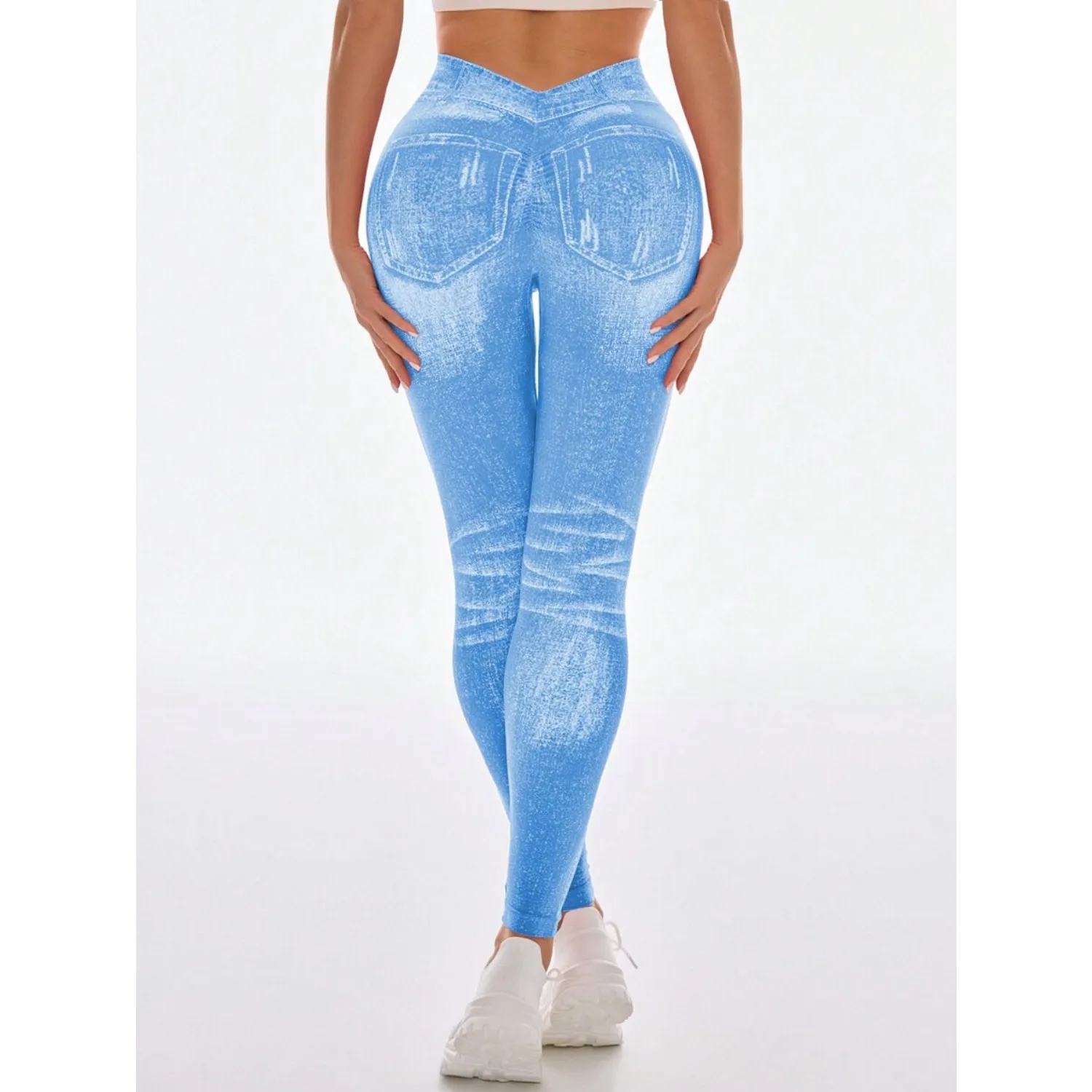 Pantaloni da yoga stampati in denim da donna senza cuciture con vita a V e fianchi color pesca Pantaloni attillati sexy alla moda Pantaloni da palestra per esercizi di yoga