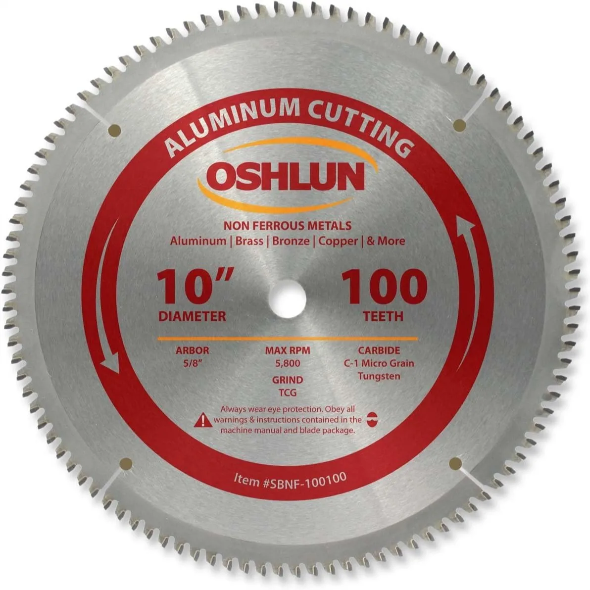 

10-Inch 100 Tooth TCG Saw Blade for Aluminum & Non Ferrous Metals, 5/8-Inch Arbor, Negative Hook Angle