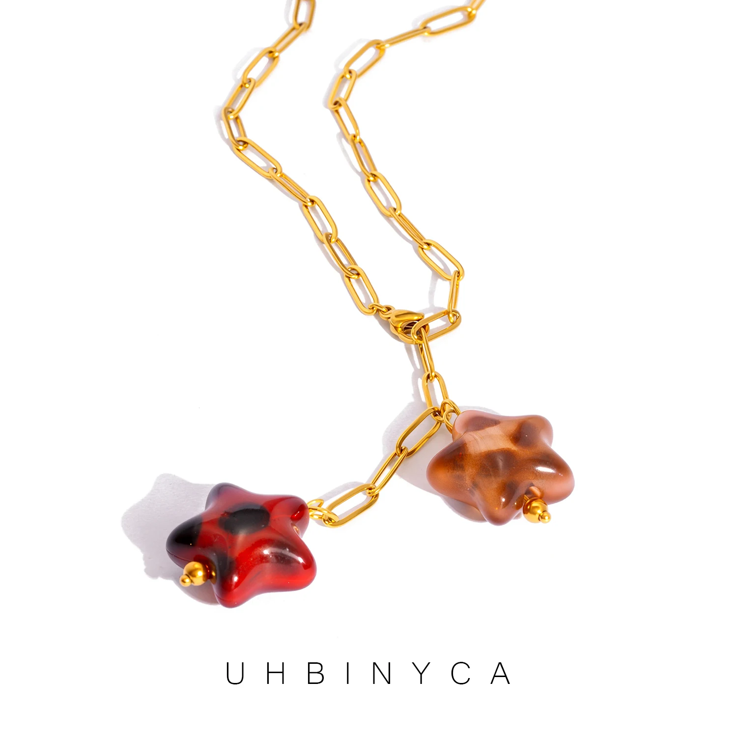 Double Acrylic Star Pendant Necklace Stainless Steel Chain Sweater Jewelry for Women Hypoallergenic Fall Winter Fashion