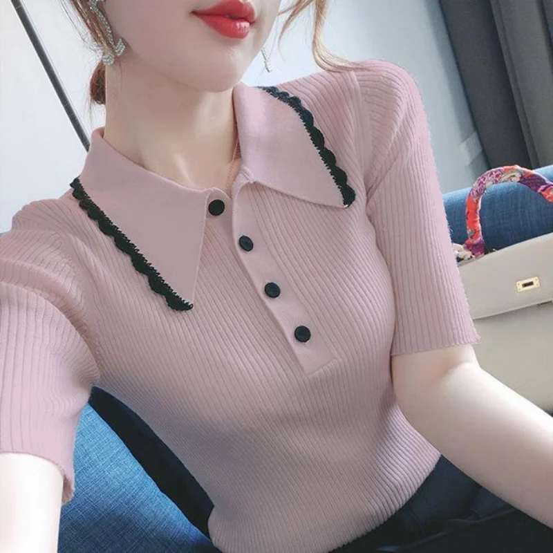 Top Fashion Short Sleeve Women's Polo Neck Tee Shirts Rayon T Shirt Cute Pink Skinny Slim Button Down Front Pullover Luxury Tall