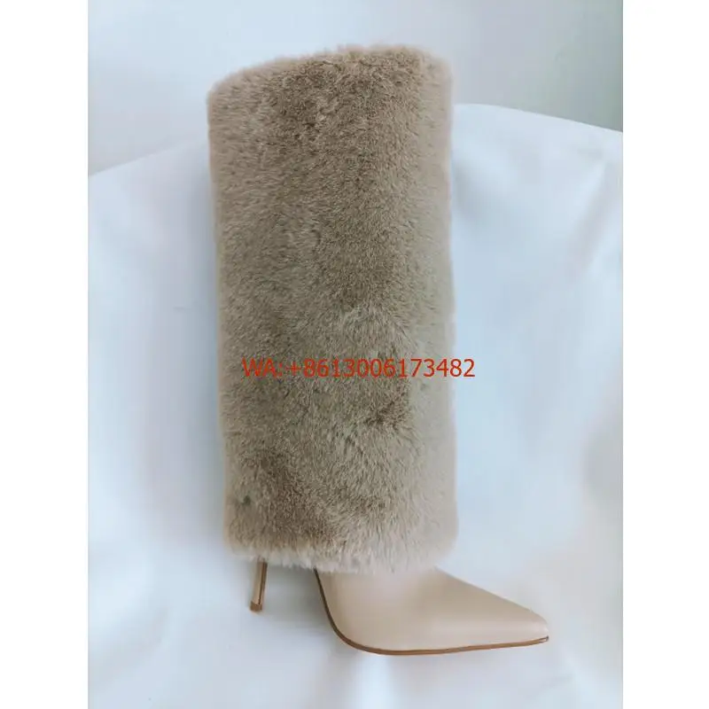 Design Fox Fur Knee High Pointed Toe Fur Boots Luxury Women Stiletto High Heel Warm Boots Winter Sexy Leather Boots Winter Boots