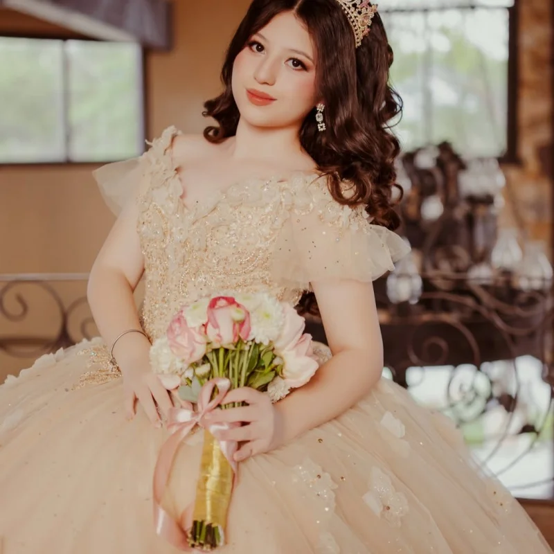 

Light Champagne Quinceanera Dress off-shoulder Glitter 3D Flower Decal Long tail Bow vestidos de 15 Quinceanera ﻿Customize