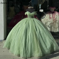 EVLAST Customized Sage Green Off Shoulder Pleat Ball Gown Quinceanera Dress Crystal Beading Sweet 16 Vestidos De 15 Años TQD844