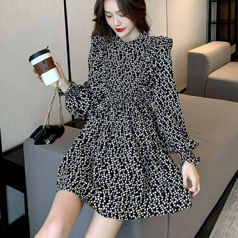 

Fashion Stand Collar Printed Shirring Ruffles Floral Dress Female Clothing Spring New Loose Long Sleeve Sweet Casual Dress