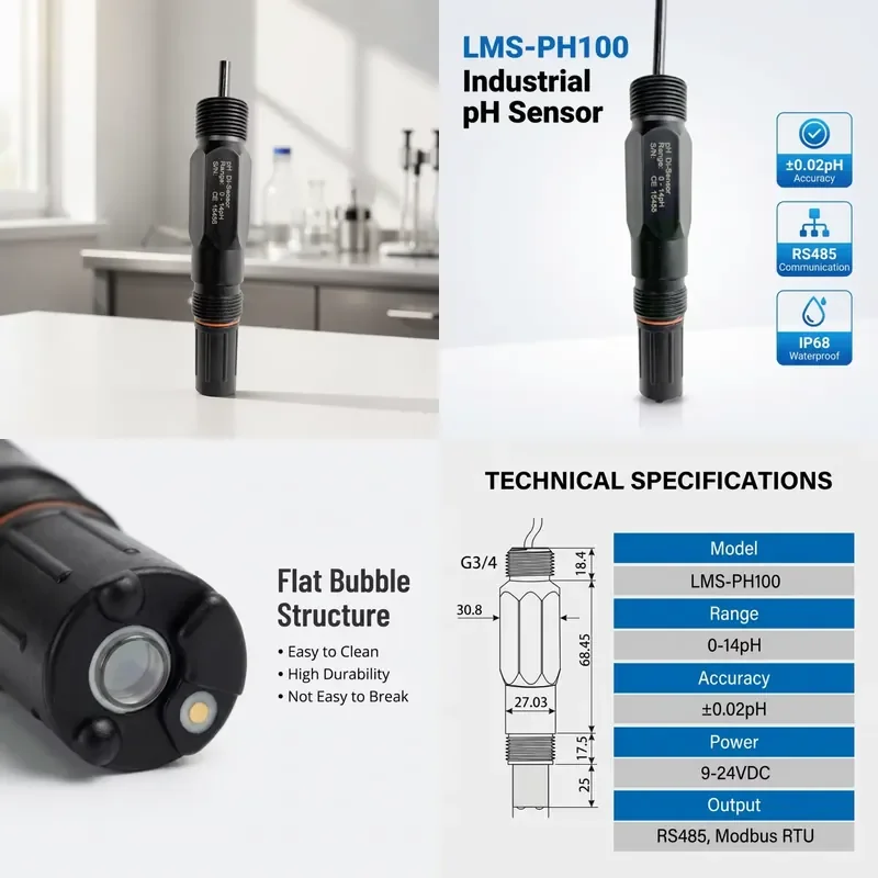 Online pH Monitoring Equipment pH Sensor Probe Alkalinity Sensor Saline Water Quality Analyzer for Aquaculture Ponds