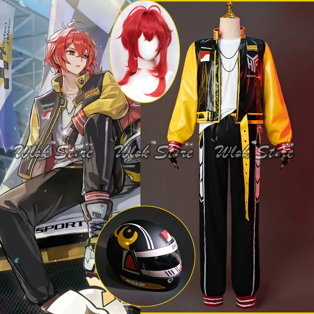 Genshin Impact Diluc Ragnvindr Cosplay Kostuum Racepak Leren Jas Mannen Halloween Feest Outfits Helm Rode Pruik Haar