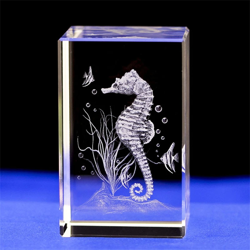 Seahorse Statue Model 3D Laser Crystal Cube Figurines Miniatures Engraving Seahorse Ornaments Christmas Child Gifts for Home