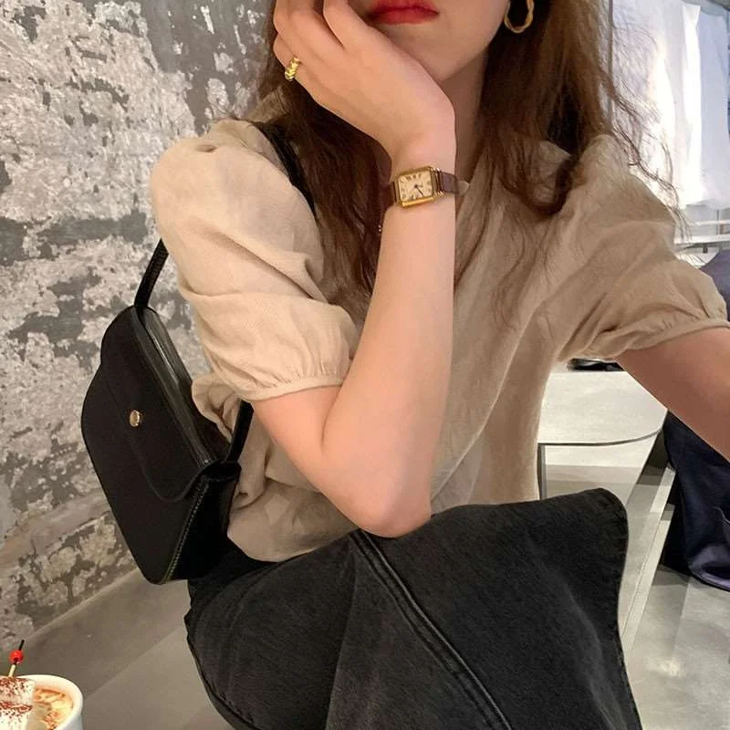 

Women's Cotton Linen Blouse Summer New Sle Thin Sweet Sle V-ne ort Sve Bubble Sve Polyester Material