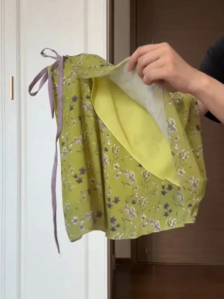 Retro Floral Print Skirt Women Simple Lace Up Waist Irregular A-line Mini Skirts Korean Sweet Y2k Aesthetic Faldas Ins