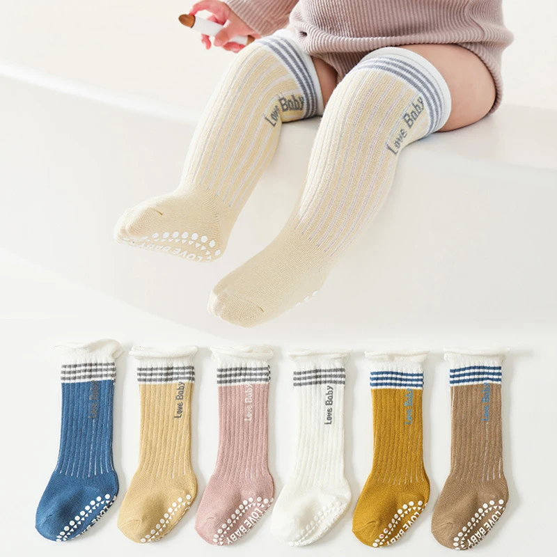 2 Pairs/lot Baby Socks Spring Autumn Pure Cotton Knee Length Newborn Kids Socks Non Slip High Tube Letter Striped Children Socks