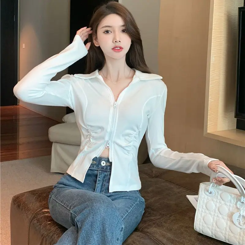 Double Zipper Jacket Women Long Sleeve Cropped Jacket Short Top Y2k Clothing Slim Streetwear Polo Neck Shirts Cardigan Korean