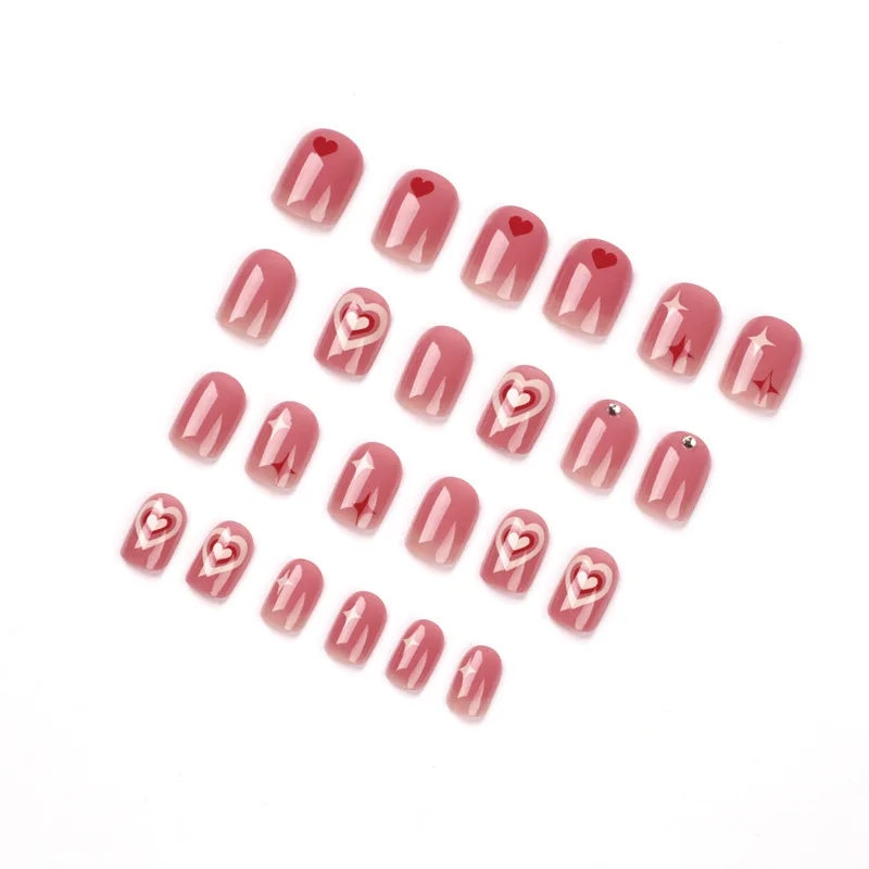 Artificial Pink Blush Coração Pregos Falsos com Cola, Unhas Postiças Quadradas Curtas, Adesivo, Pressione as Unhas, Acrílico Nail Art, Doce, 24Pcs