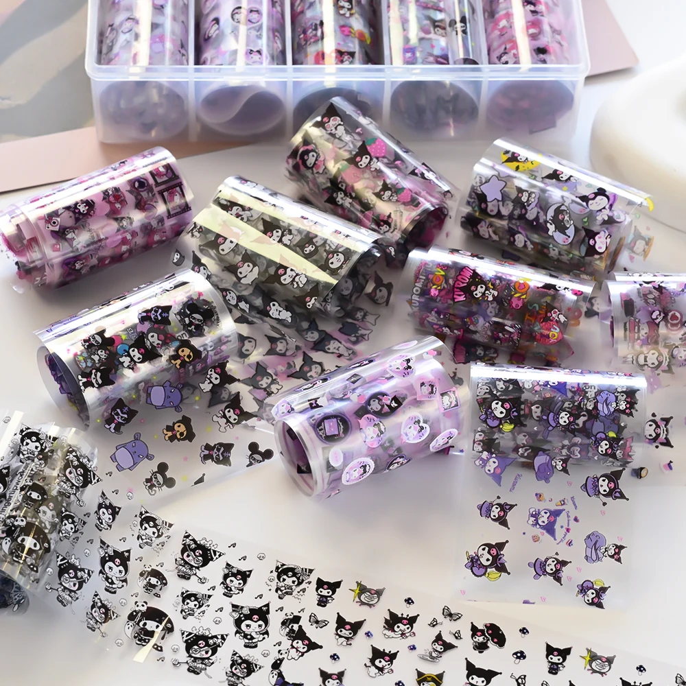 10Rolls/Box3D 혼합 HelloKitty Kuromi 네일 호일 스티커 Kawaii 다채로운 키티 네일 데칼 만화 블랙 퍼플 Kuromi 네일 슬라이더