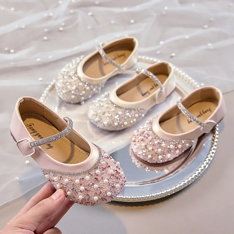 Kids Leather Shoes for Girls Glitter Rhinestone Children Crystal Shoes Girls Dress Flats for Wedding Party Pearls Beading Bling