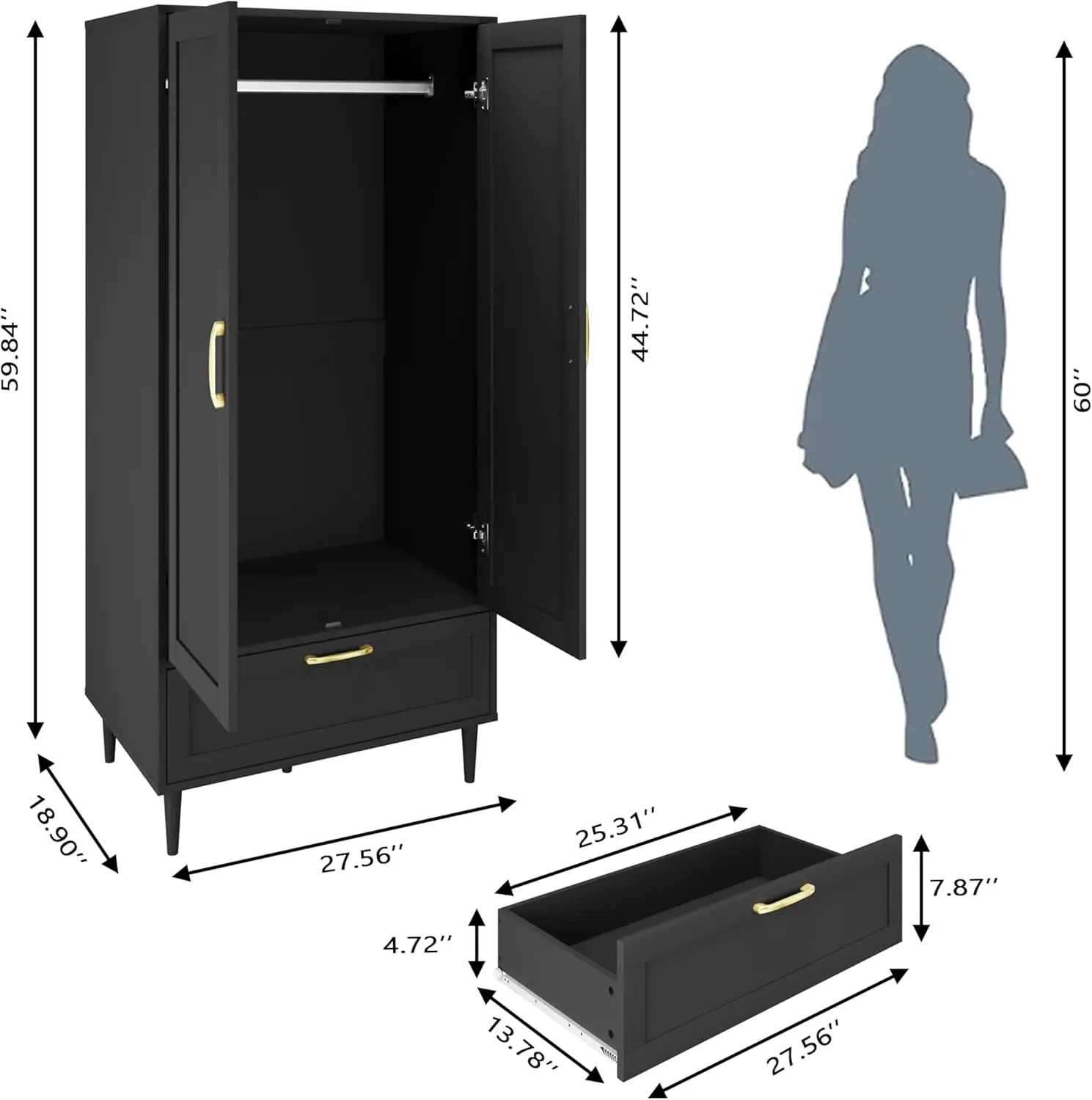 Bedroom Armoire Wardrobe Closet with Hanging Rod,60