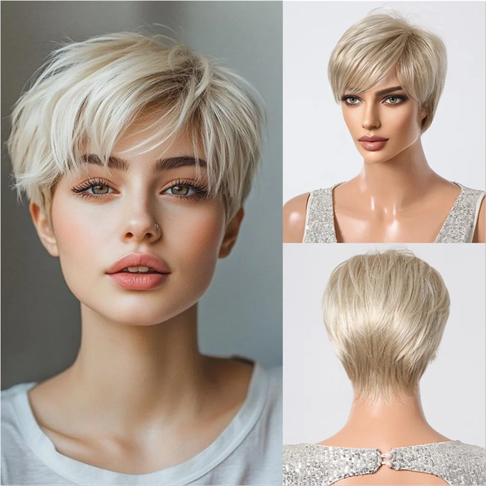 ALAN EATON Blonde Short Pixie Cut Synthetic Wig for Women Ombre Platinum Blonde Wigs with Bangs Daily/Party Heat Resistant Hair