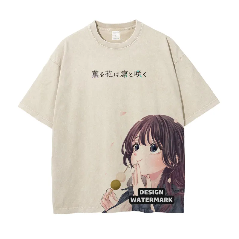 Anime Fragrant Flower Blooms with Dignity T Shirt Waguri Kaoruko Vintage Washed Tops Tees Oversized Short Sleeve T-shirt Girl