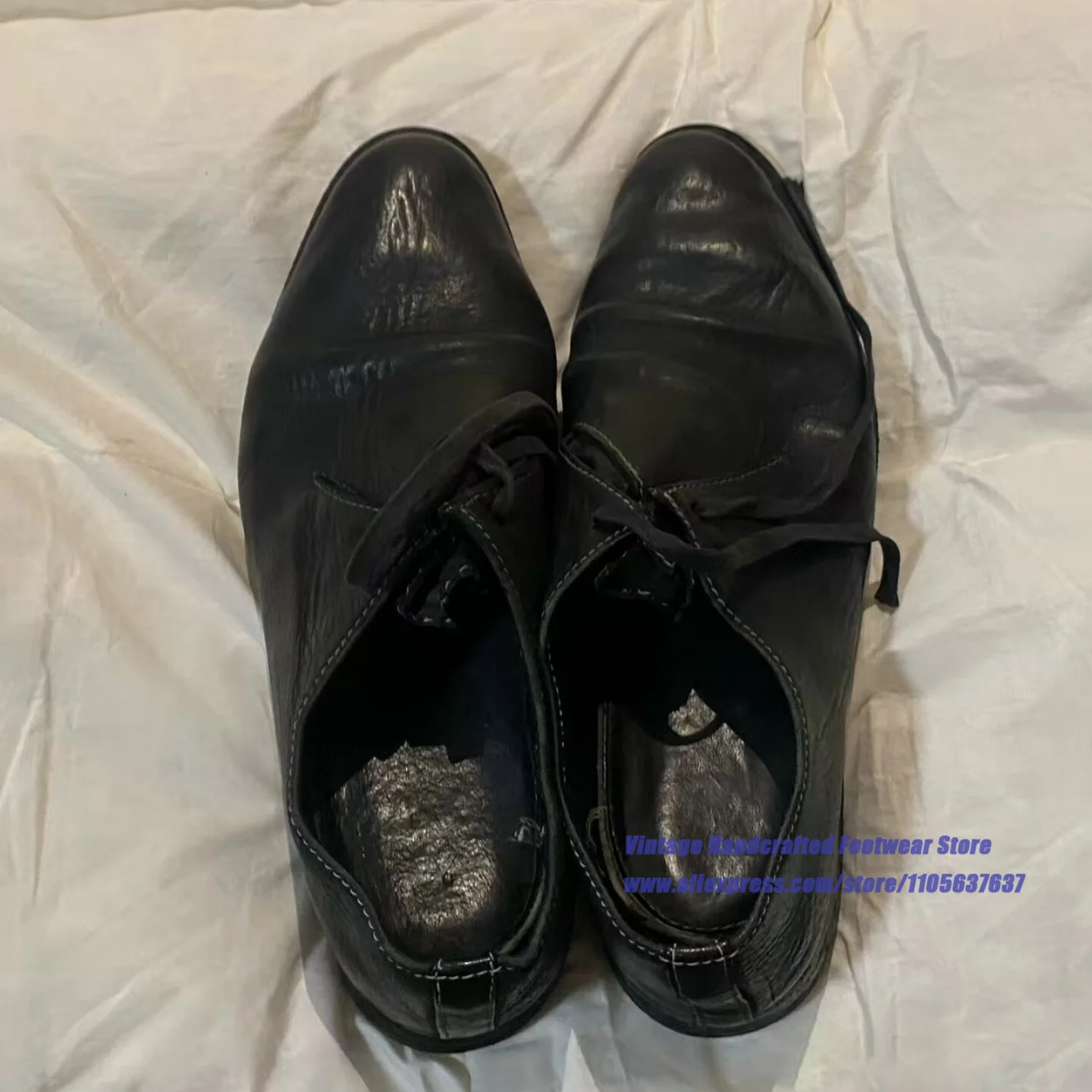 Vintage Wrinkled Leather Single Lace Up Derby Shoes Low Heel Black Leather Formal Oxford Shoes Handcrafted Men's Shoes