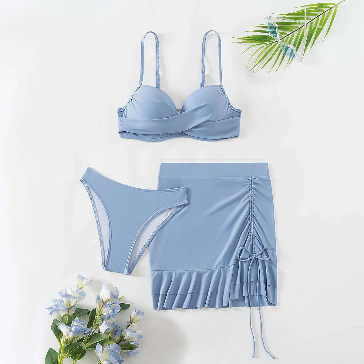 

Women's Sky Blue Three Piece Swimsuit Solid Color V-neck Underwire Bikini Set Beach Vacation Suspender Backless Swimwear 2025