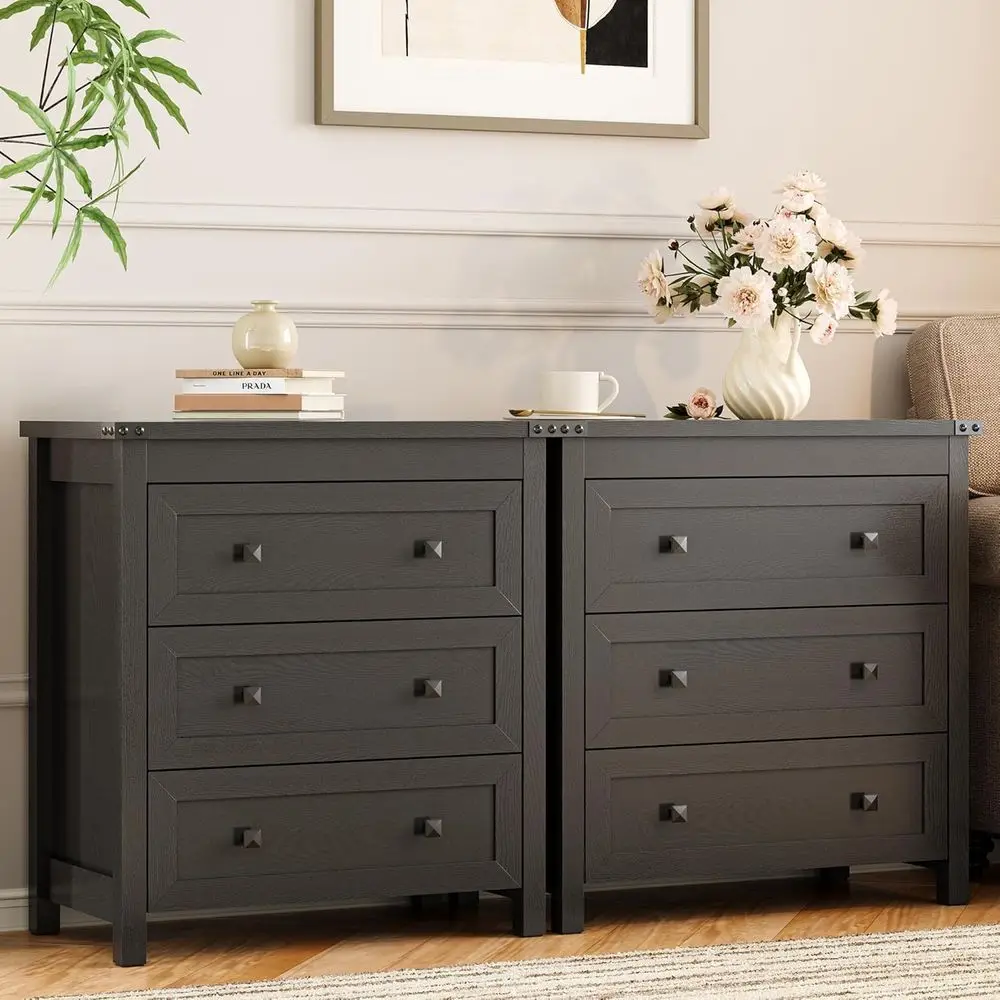 3-Drawer Farmhouse Style Nightstand, Compact Bedroom Storage Cabinet, Modern Black Organizer for Living Spaces