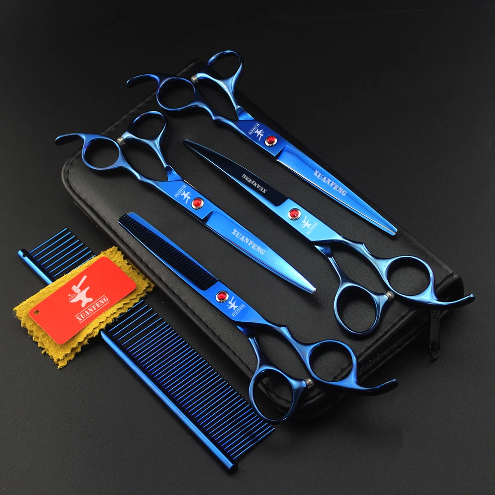 

XUANFENG 7 inch color 4pcs hair scissors, pet cutting scissors and thinning scissors, including leather covers and steel combs