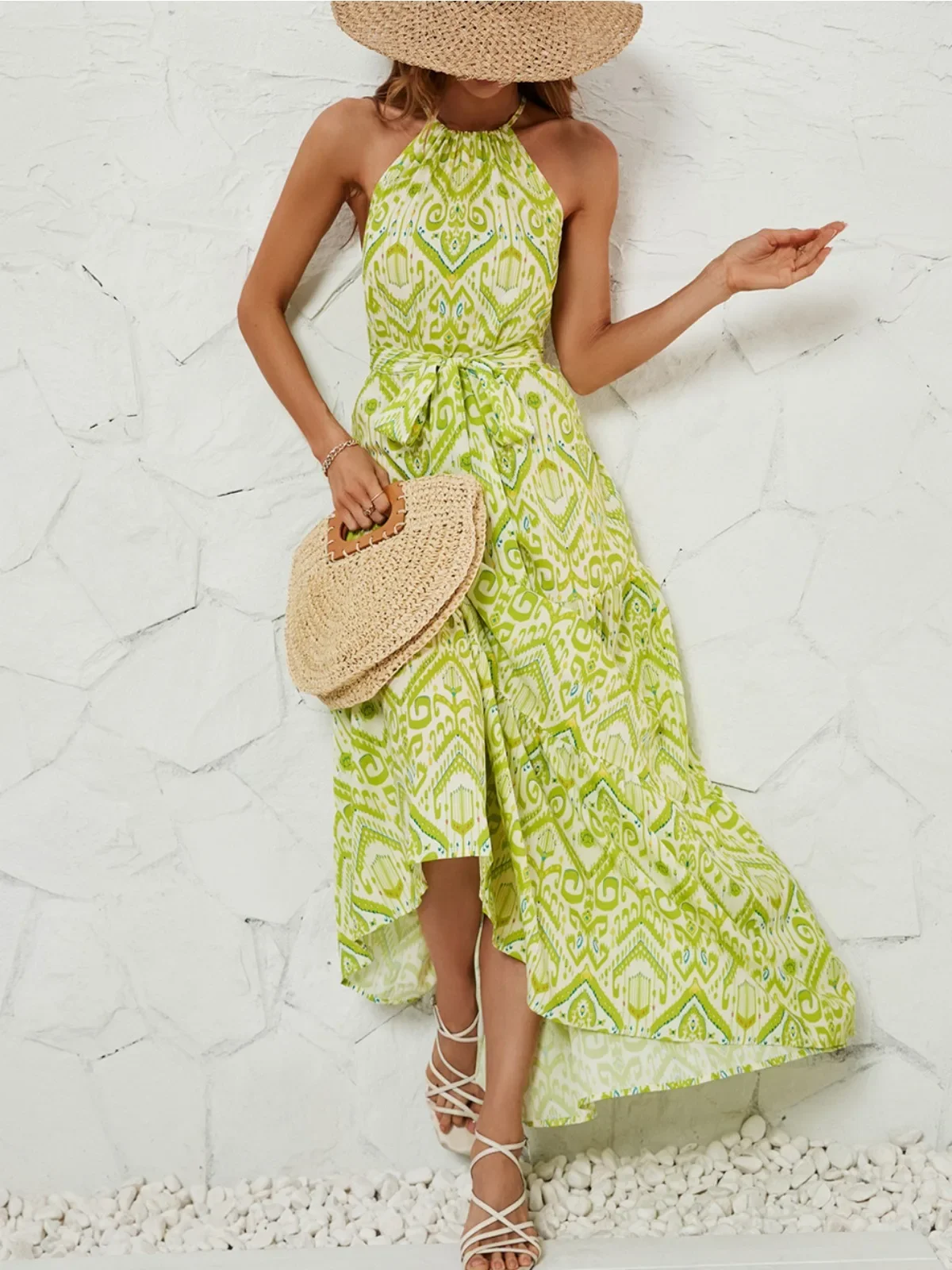 

Light Green Retro Print Women's Dress High Waist Sleeveless Halter Backless Dress Sexy Round Neck Long Skirt 2024 Autumn New