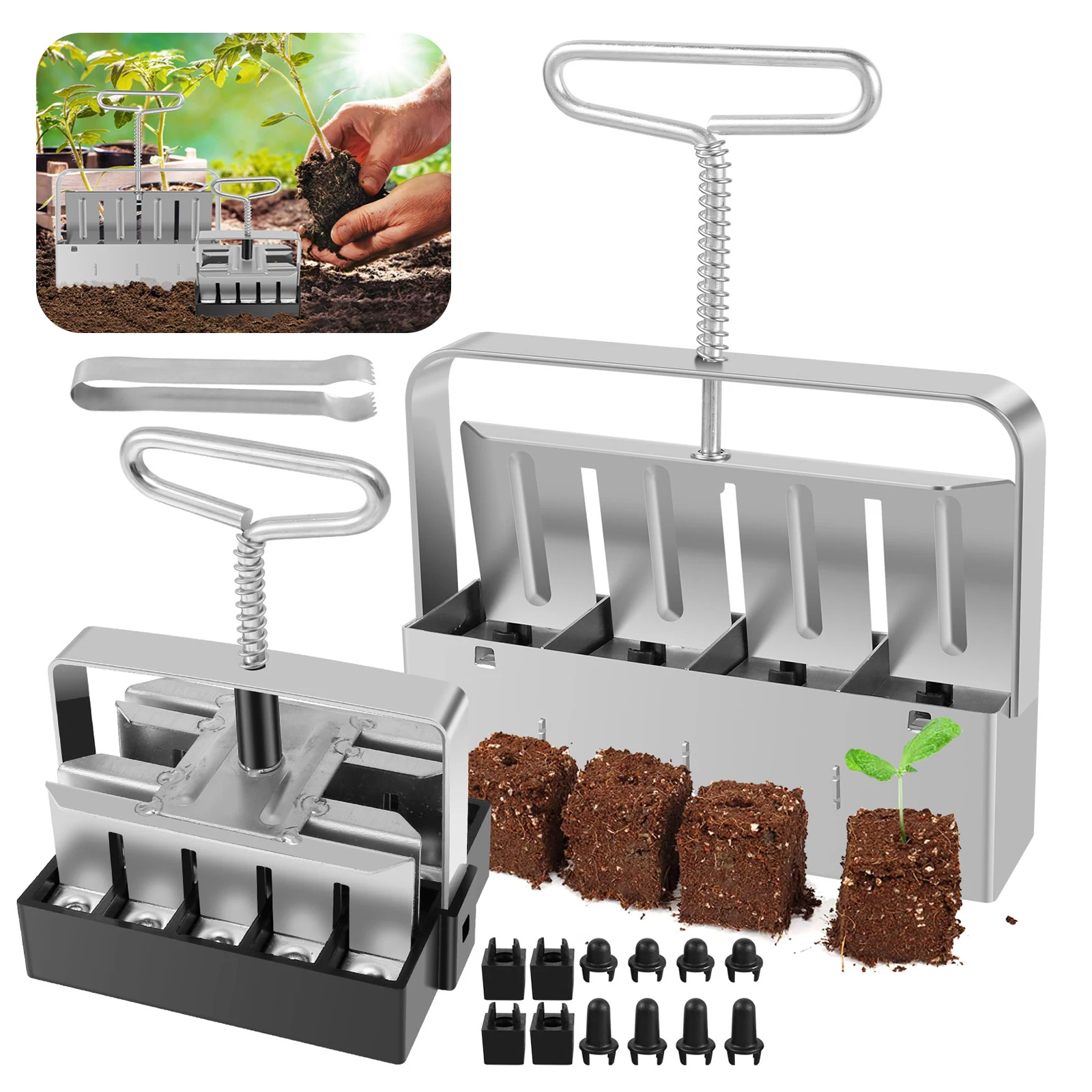 2-Piece Handheld Seedling Soil Block Maker Stainless Steel Soil Block Making Tool Set Garden Plant Seedling Block Production