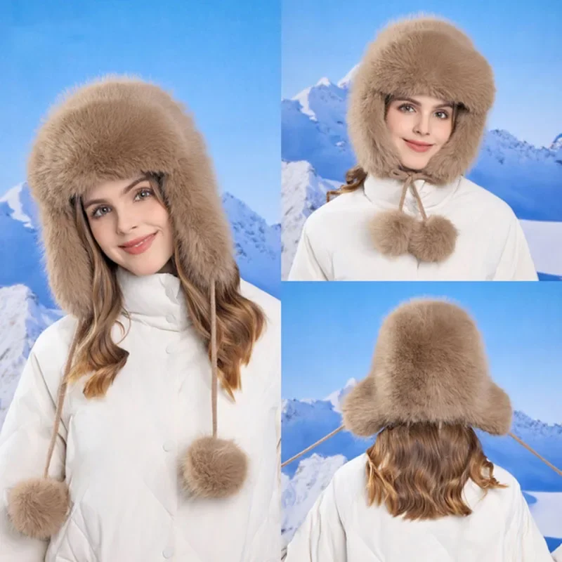 Fluffy Warm Trapper Cap Aviator Trooper Earflap Outdoor Cycling Flaps Ski Hat New Bomber Hats Russian Ski Hat Faux Fur Hats