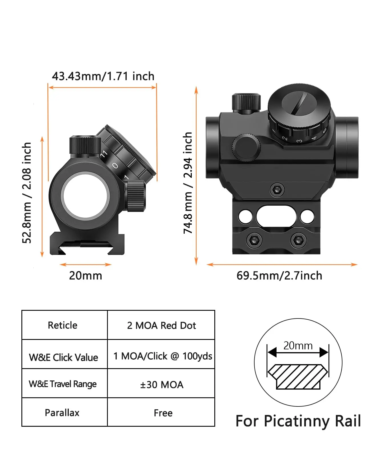 

MidTen 2MOA Red Dot Sight Reflex Sights Optics Rifle Scope with Low and Lower 1/3 Co-Witness Risers Mount for 20mm Picatinny