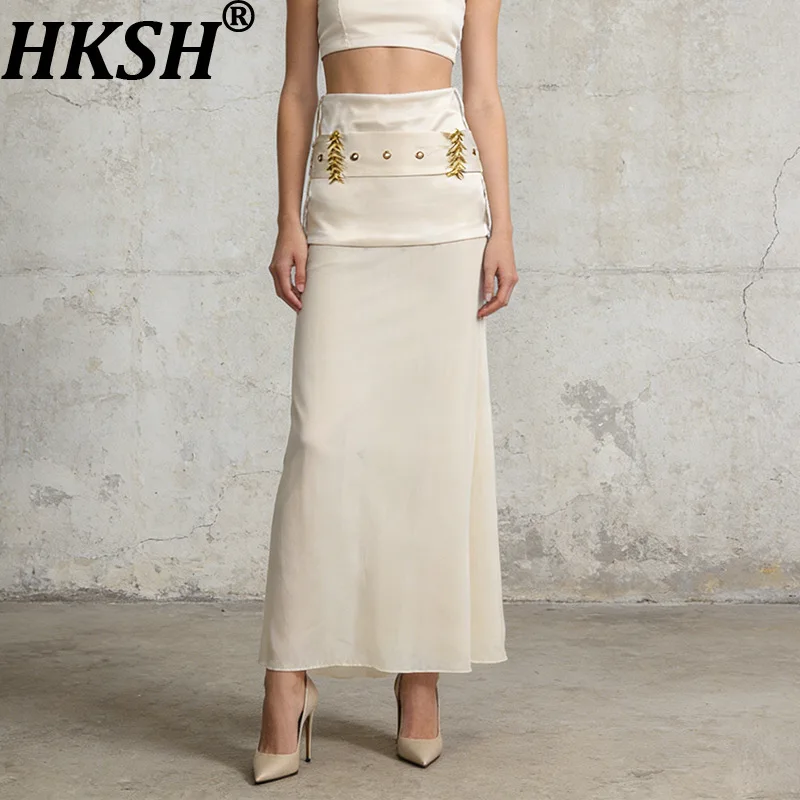 HKSH 2026 Spring Summer New Women Skirt High-end Satin Patchwork Belted A-line Draped Elegant Luxury Fashion Chic Skirts HK18565
