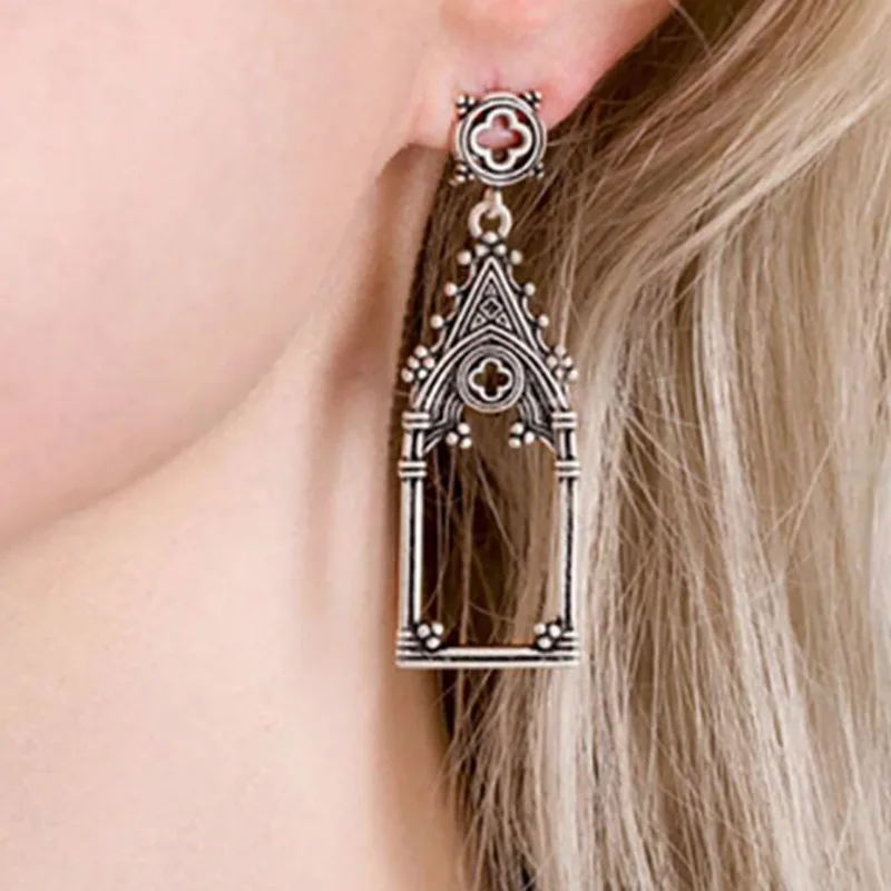 

Vintage Cathedral Spire Architecture Hollowed Out Gothic Gold Silver Color Women's Dangle Earrings