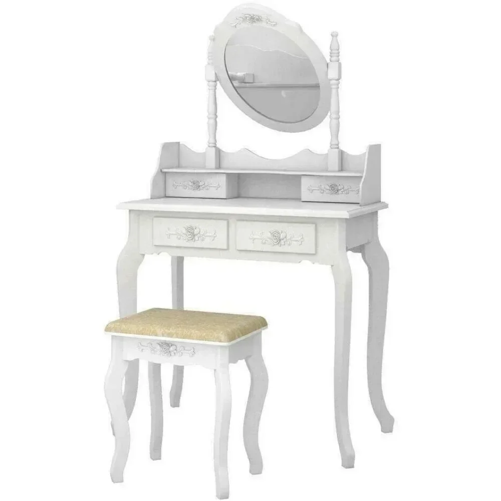 Drawer Table with Lighting Mirror & Power Strip Dressing Vanity Table with Lights 4 Drawer Mirror Wood Desk
