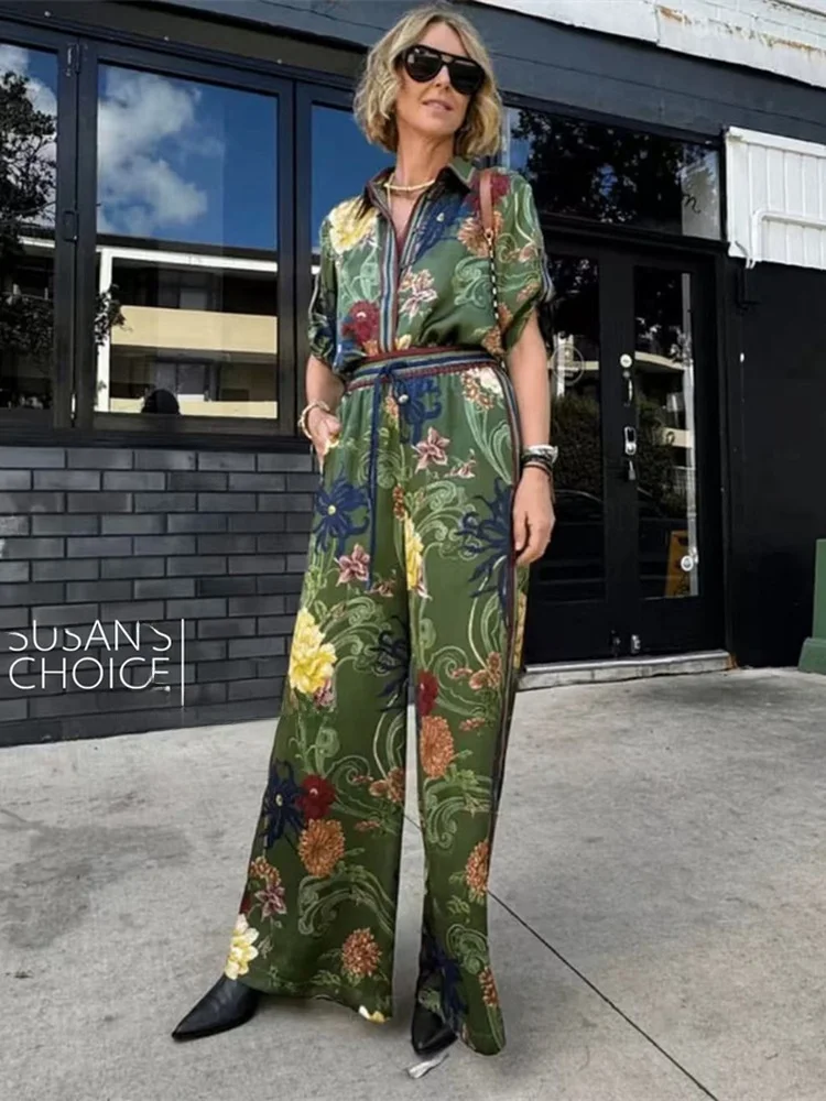 

Susan Summer Loose Silk irt And Wide Leg Pants Set in k een Print Australian Faion Women's Collar Button up