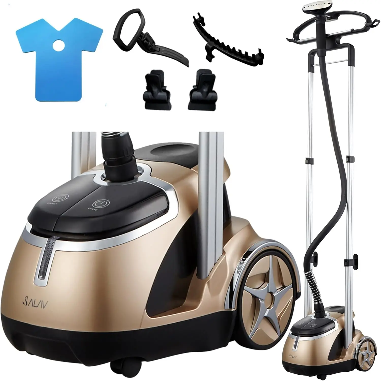 Standing Garment Steamer with Retractable Power Cord, Foot Pedal Control, Wheels for Easier Movement (Gold)