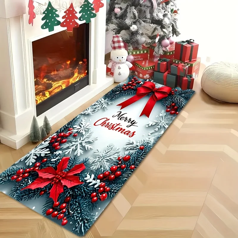 Merry Christmas Bow Pine Berries Floral Long Runner Mat Winter Snowflake Xmas Holiday Print Decorative Floor Rug for Hallway