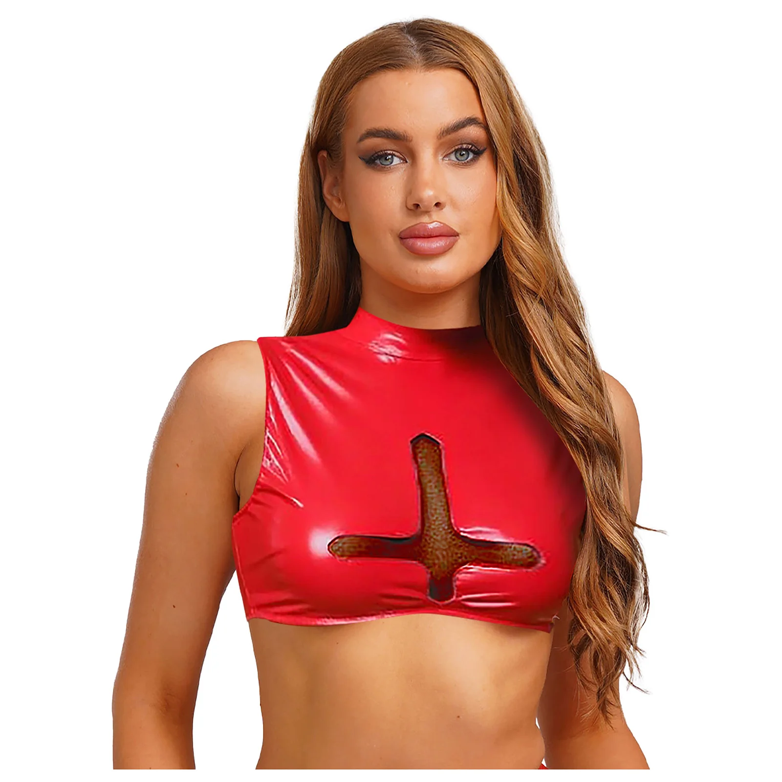 

Women Fashion PU Leather Mini Crop Top Front Sheer Mesh Cross Sleeveless Tank Top for Halloween Party Carnival Nun Cosplay Tops