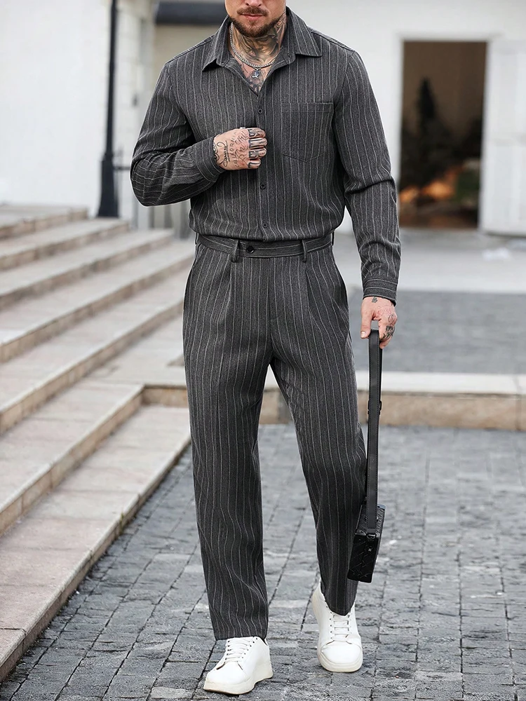 Men Daily Leisure Striped Suits Turn-down Collar Shirt And Pants Sets 2026 Spring Autumn Business Casual Mens Two Piece Outfits