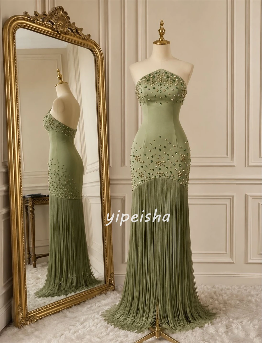 Customized Formal Women CharmeuseRhinestone Tassel Straight Evening Dresses Formal Strapless Sleeveless Floor Lenght Party Gowns