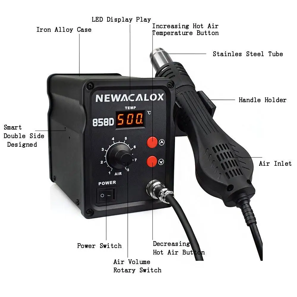 858D Soldering Station Hot Air Rework Station BGA IC Desoldering Tool LCD Display 500°C Airflow Adjustable Fast Heating Safe