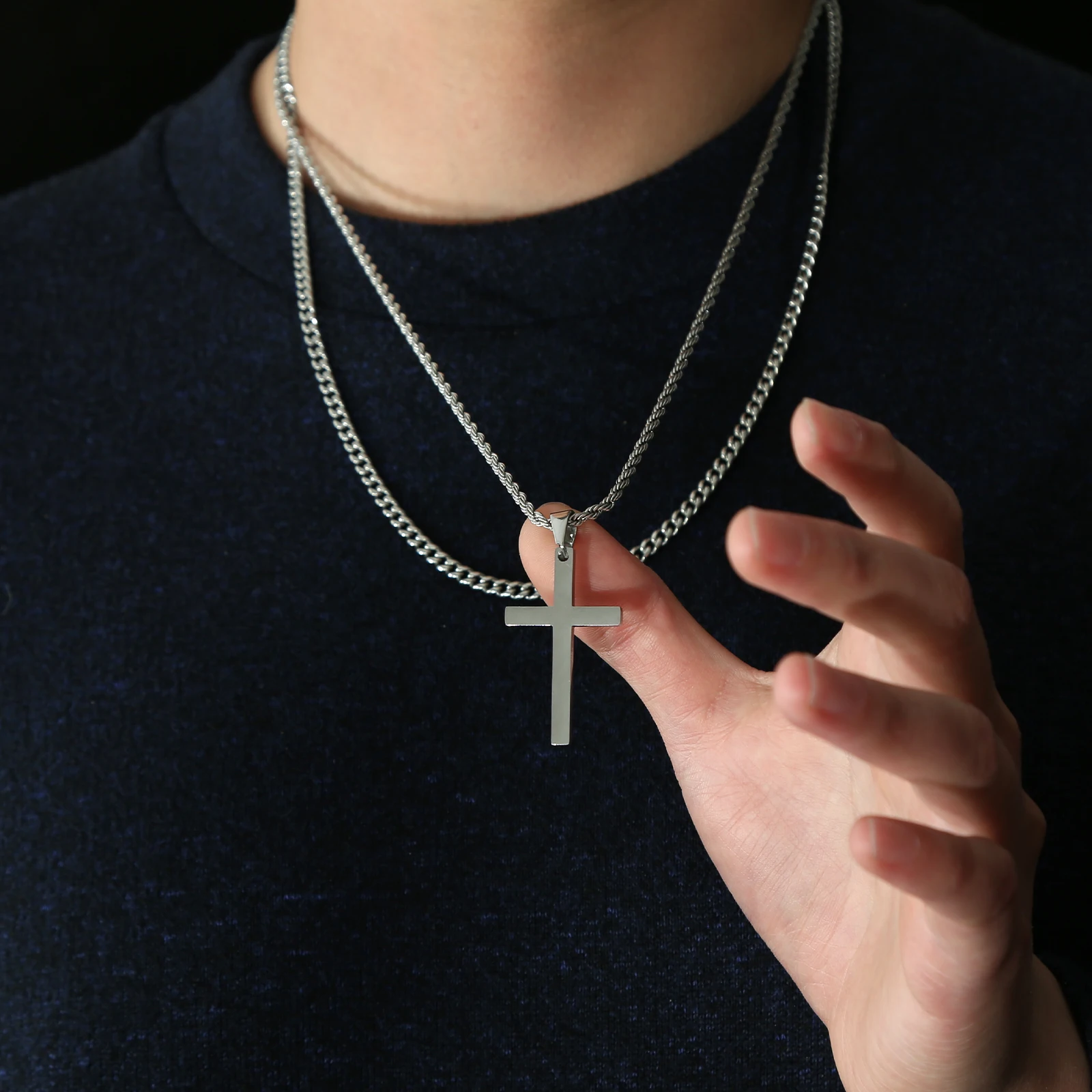 

Necklace Set Cross Necklace for Men Boys Stainless Steel Layered Cuban Link Chain 24 inch Christian Cross Pendant