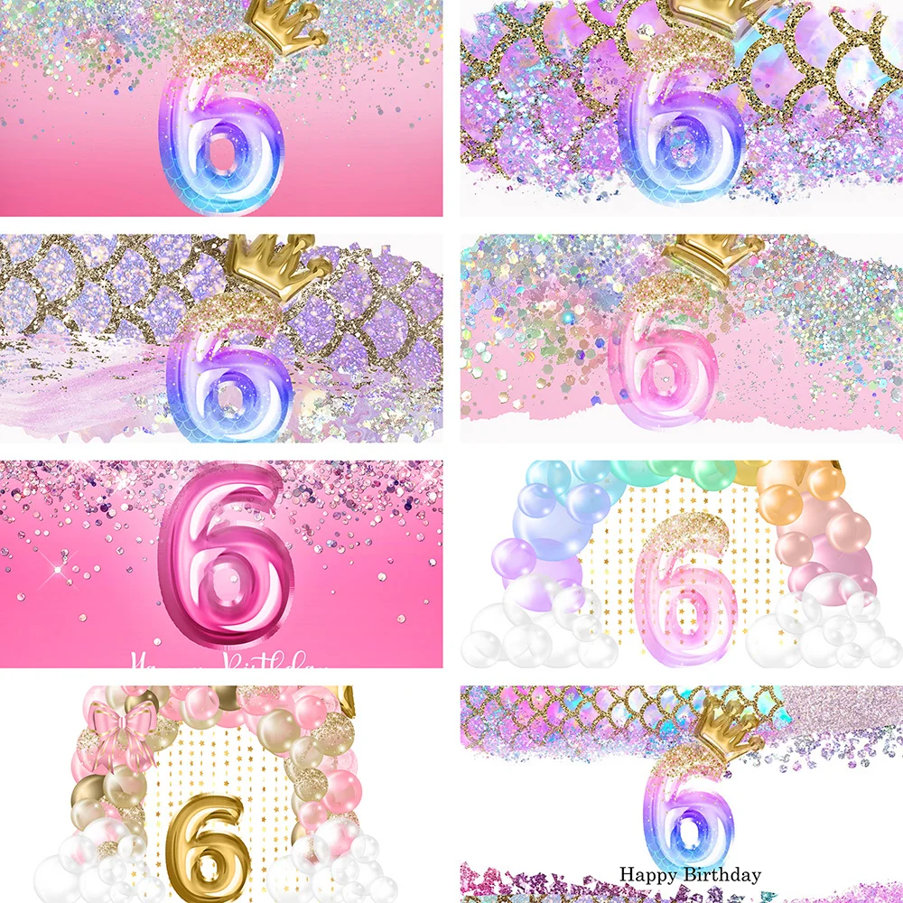 Party Backdrop For Girl Birthday Photography Backgrounds 6th Mermaid Pastel Pink Banner Balloons Glitter Princess 6 Years Old