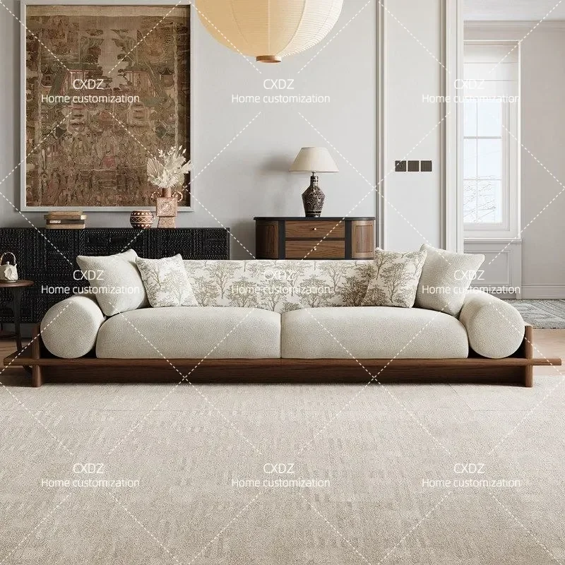 Less work, large apartment living room solid wood floor fabric sofa removable and washable wabi sabi mid-ancient Song-style