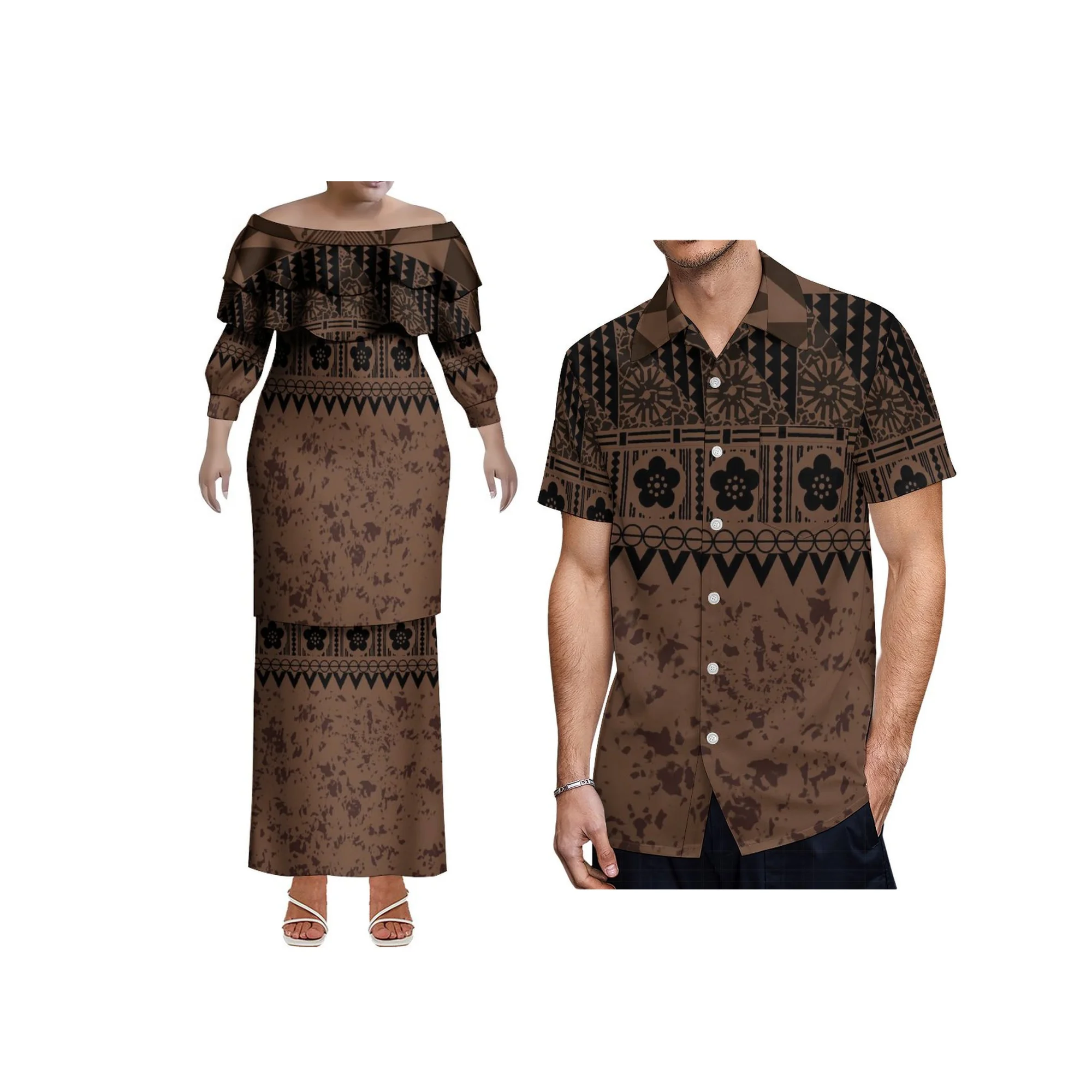 2025 novo estilo design personalizado fora do ombro xale vestido samoa puletasi vestido plus size feminino dupla camada babado vestido 2 peças