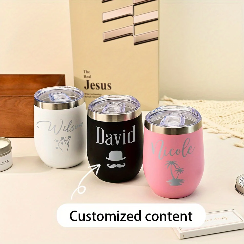 Custom Engraved Name Wine Cup, Egg Shaped Stainless Steel Insulated Cup with Lid, Personalized Minimalist Pattern Travel Mug.
