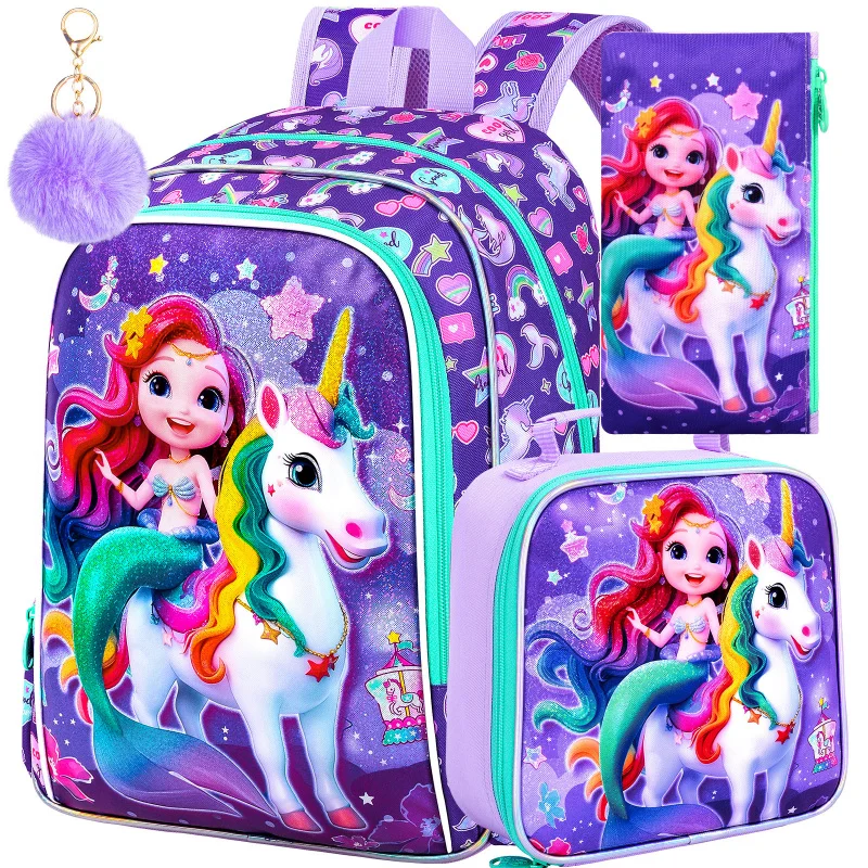

3Pcs 16" Mermaid unicorn Backpack for School, Girls Kids Bookbag with Lunch Box Backpacks for Elementary Preschool Kindergarten
